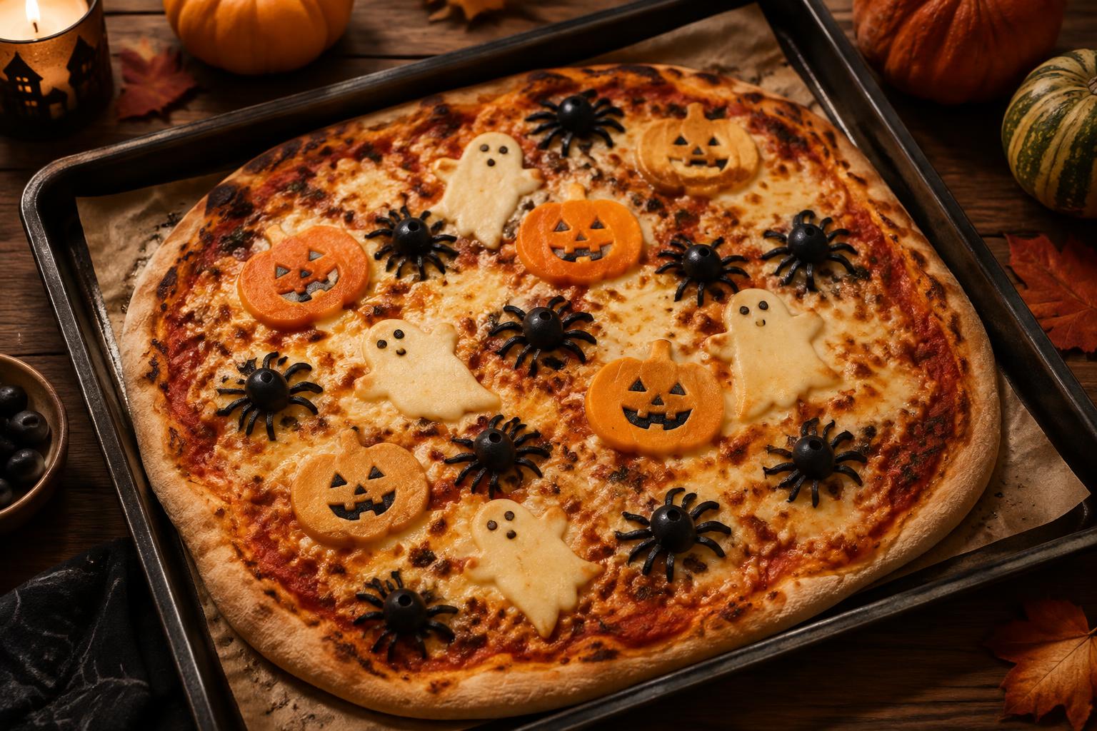 Halloweenska pizza s duchmi zo syra a pavúčikmi z olív na plechu
